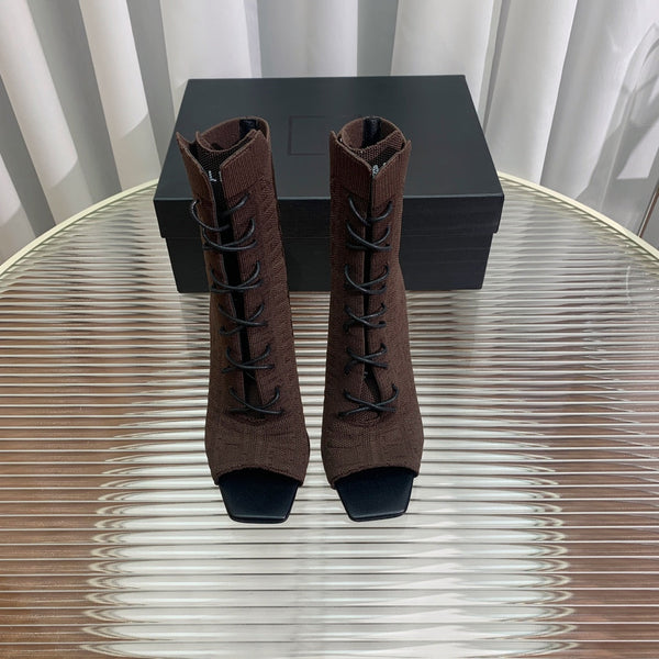 BM 26S Moneta Monogram Lace-Up Boots Peep-Toe Coffe Knit 111312