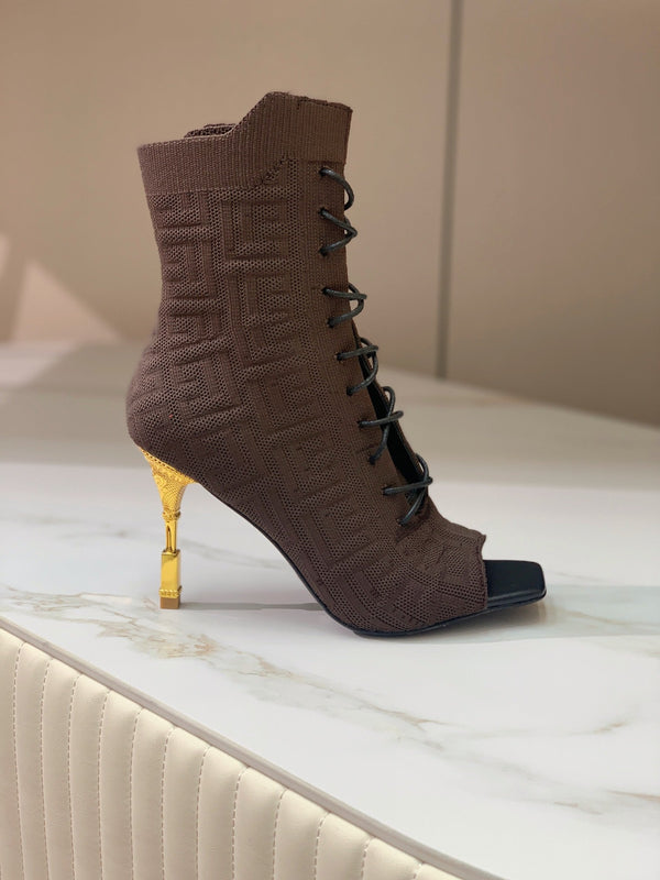 BM 26S Moneta Monogram Lace-Up Boots Peep-Toe Coffe Knit 111312