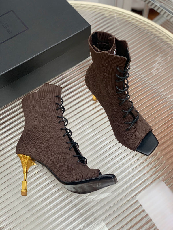 BM 26S Moneta Monogram Lace-Up Boots Peep-Toe Coffe Knit 111312