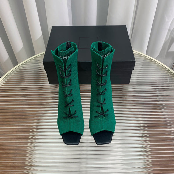 BM 26S Moneta Monogram Lace-Up Boots Peep-Toe Dark Green Knit 111311