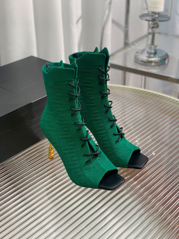 BM 26S Moneta Monogram Lace-Up Boots Peep-Toe Dark Green Knit 111311