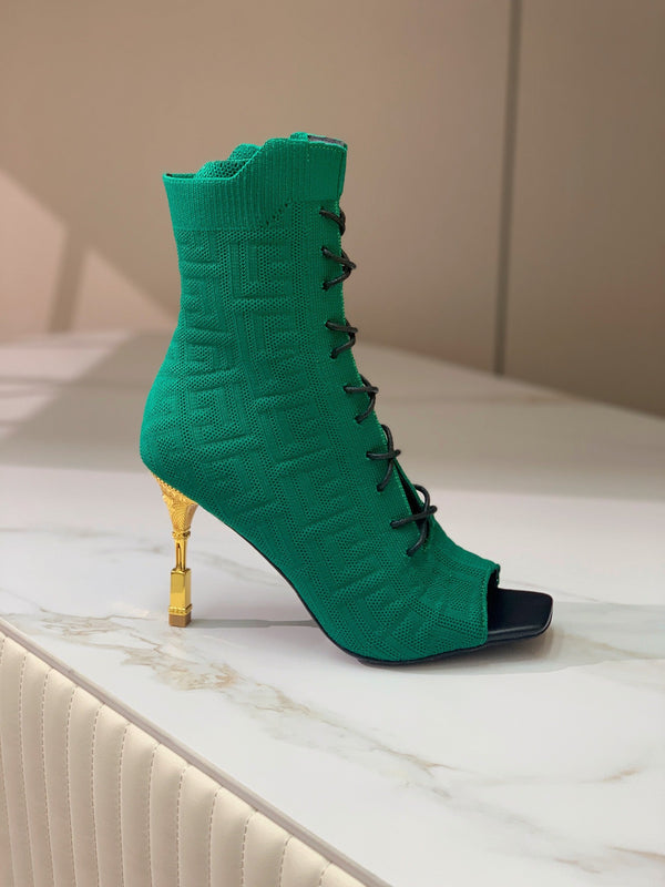 BM 26S Moneta Monogram Lace-Up Boots Peep-Toe Dark Green Knit 111311