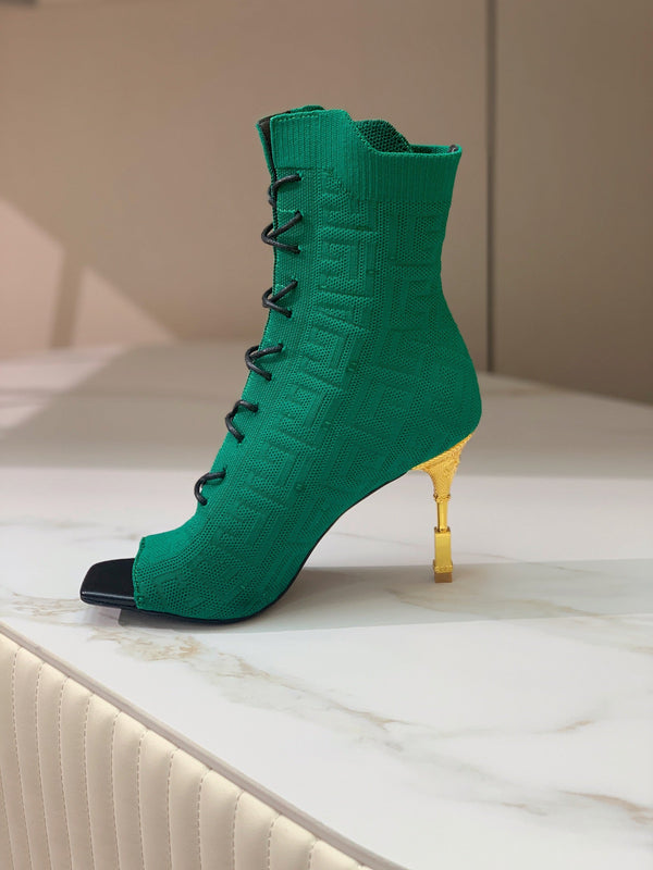 BM 26S Moneta Monogram Lace-Up Boots Peep-Toe Dark Green Knit 111311