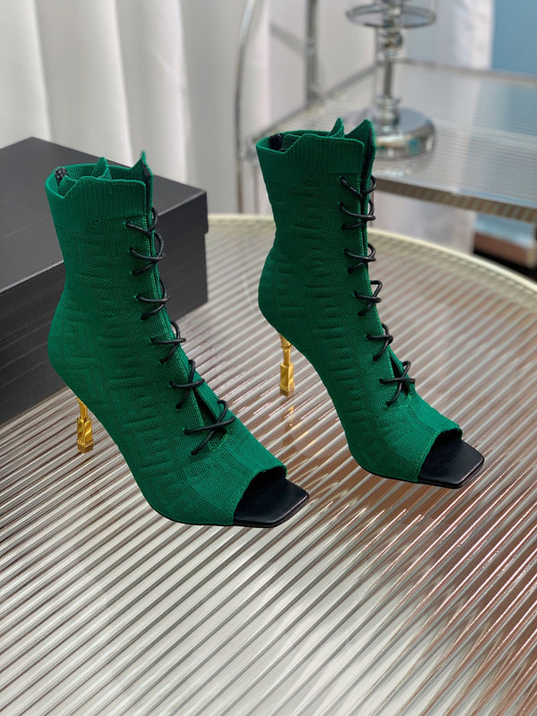 BM 26S Moneta Monogram Lace-Up Boots Peep-Toe Dark Green Knit 111311