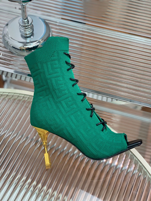 BM 26S Moneta Monogram Lace-Up Boots Peep-Toe Dark Green Knit 111311