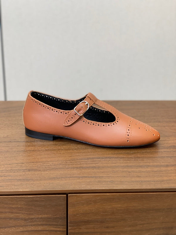 HM Nectar Ballet Flats H Lift Perforations T-Strap Brown Leather 111179