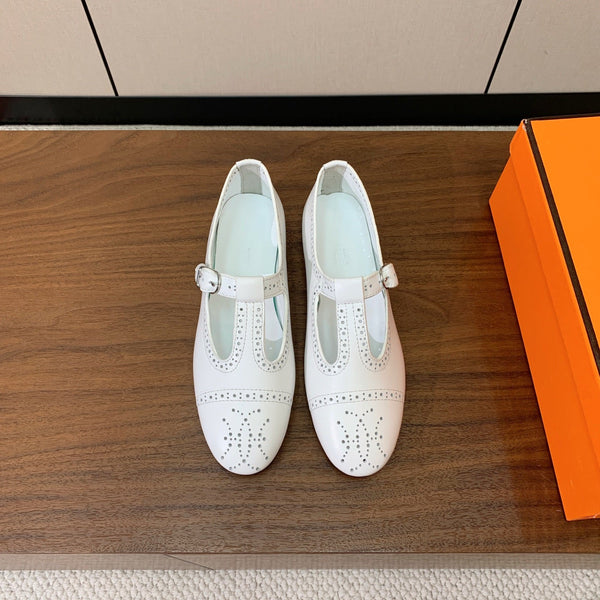 HM Nectar Ballet Flats H Lift Perforations T-Strap White Leather 111178