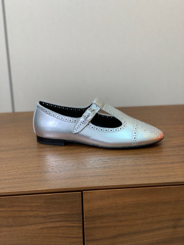 HM Nectar Ballet Flats H Lift Perforations T-Strap Silver Leather 111176