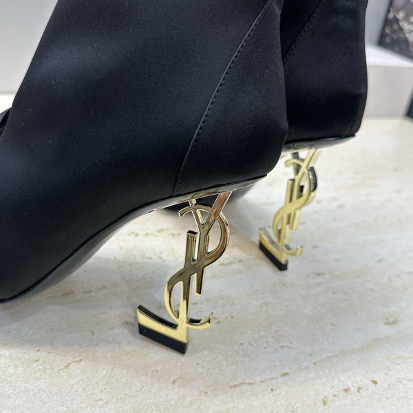YSL 26S Bow Ankle Boots Pointed-Toe 10.5cm Black Satin 118794