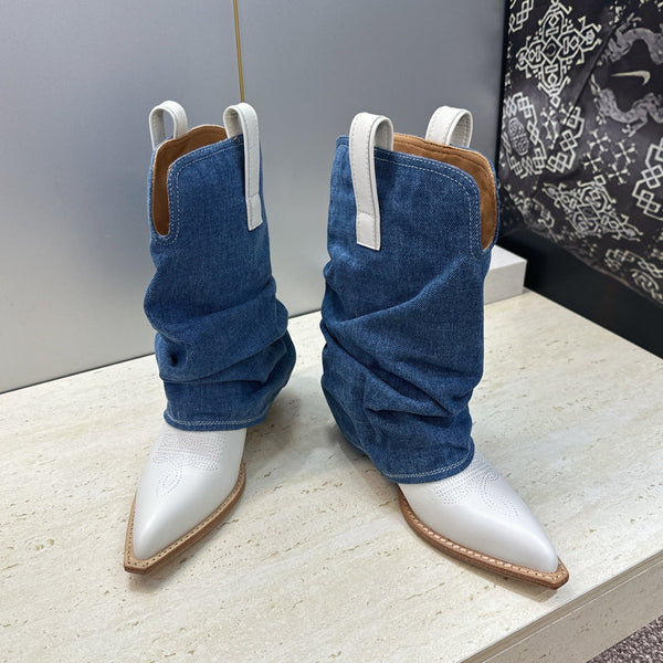TR 26S Western Cowboy Boots 7cm White Blue Leather Denim 118533
