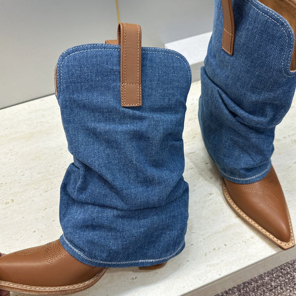 TR 26S Western Cowboy Boots 7cm Brown Blue Leather Denim 118531