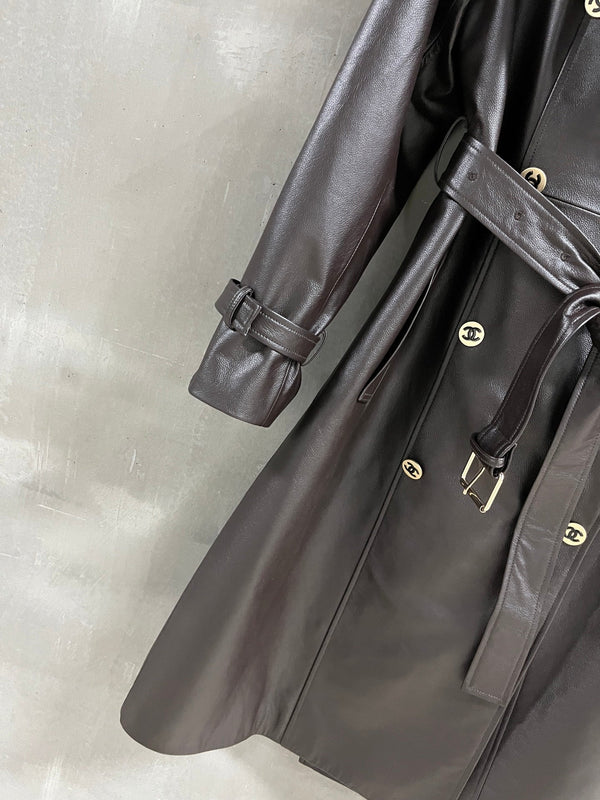 CC Double-breasted Trench Coat With Belt Dark Brown Calfskin