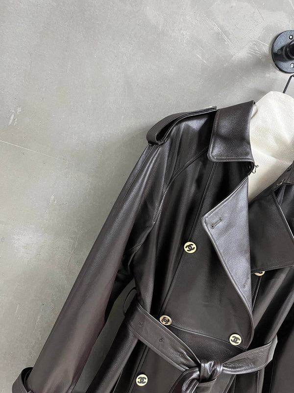 CC Double-breasted Trench Coat With Belt Dark Brown Calfskin