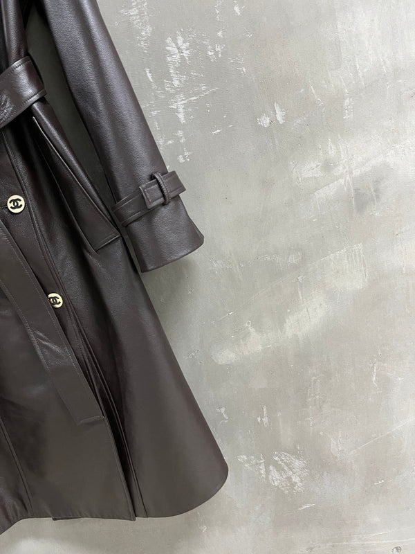 CC Double-breasted Trench Coat With Belt Dark Brown Calfskin