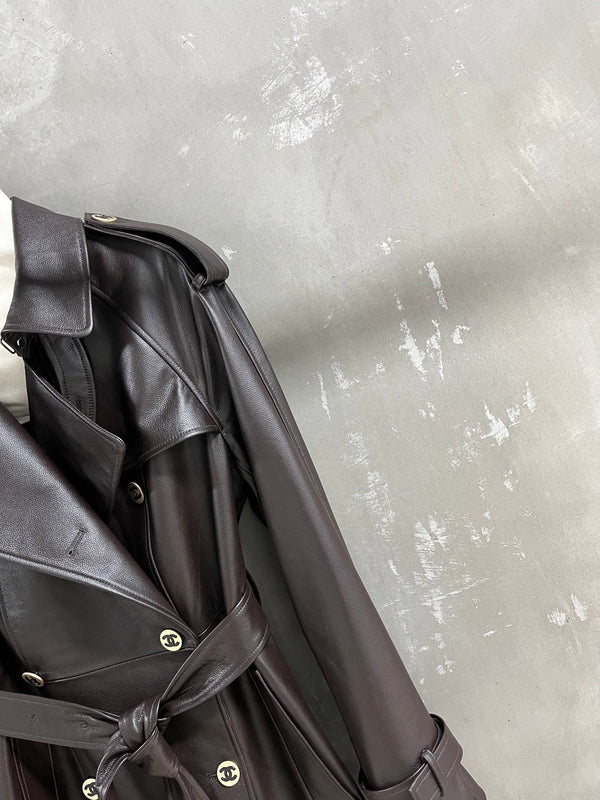 CC Double-breasted Trench Coat With Belt Dark Brown Calfskin