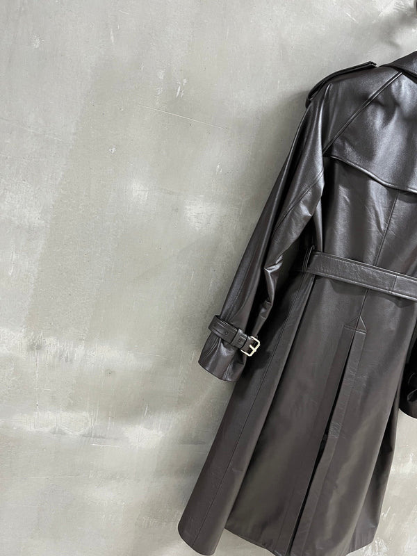 CC Double-breasted Trench Coat With Belt Dark Brown Calfskin