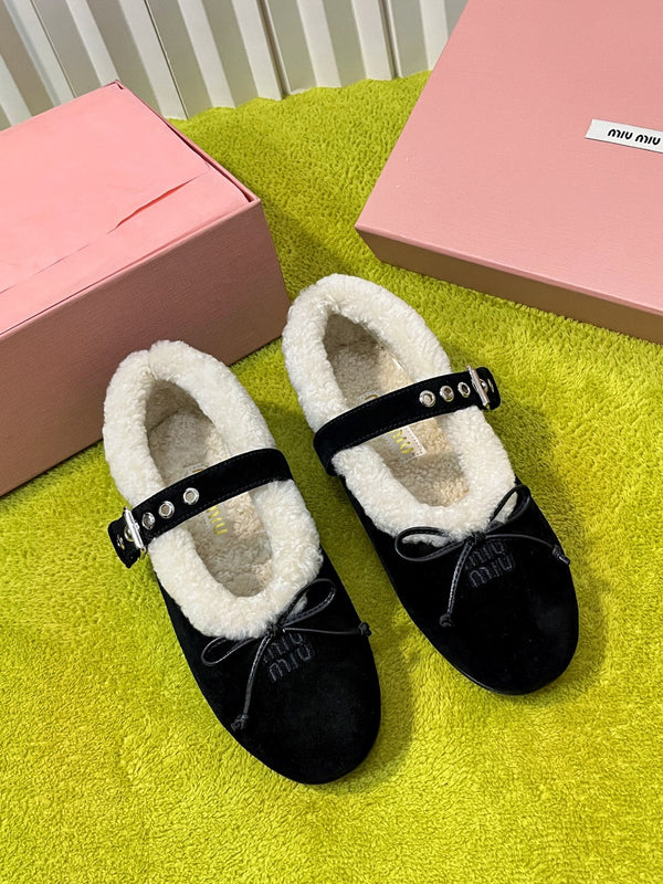 Miu Shearling Trim Mary Jane Flats Bow Detail Black Suede 137209