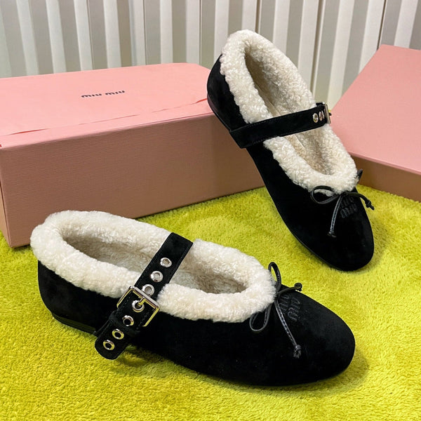 Miu Shearling Trim Mary Jane Flats Bow Detail Black Suede 137209