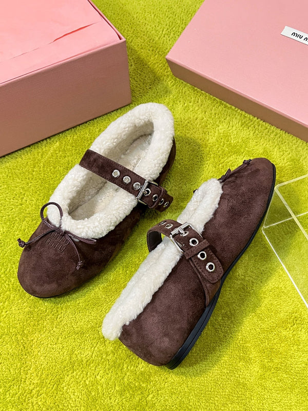 Miu Shearling Trim Mary Jane Flats Bow Detail Brown Suede 137208