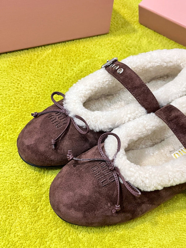 Miu Shearling Trim Mary Jane Flats Bow Detail Brown Suede 137208