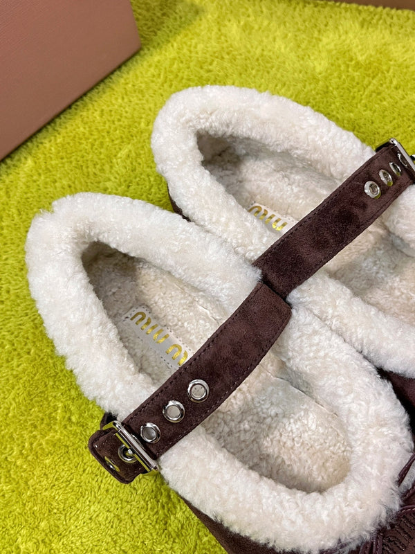 Miu Shearling Trim Mary Jane Flats Bow Detail Brown Suede 137208