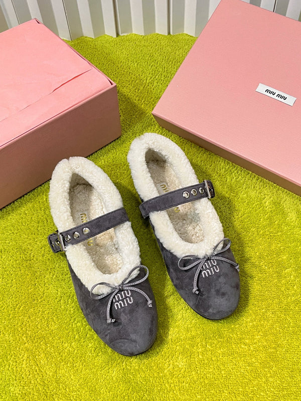 Miu Shearling Trim Mary Jane Flats Bow Detail Grey Suede 137206