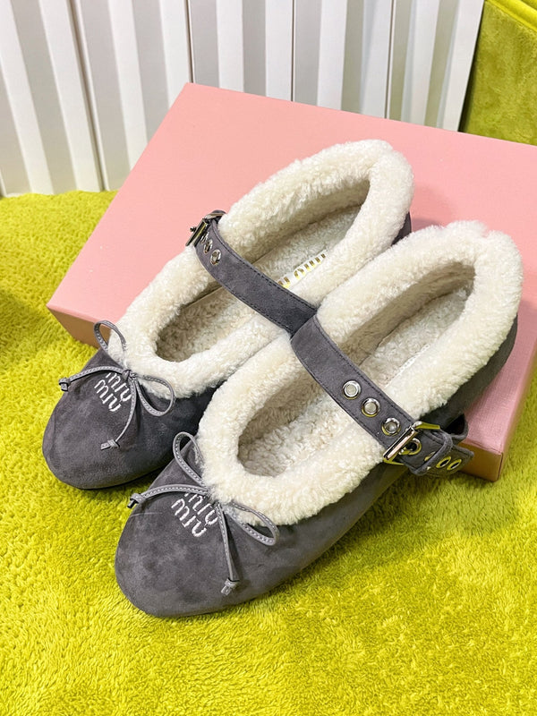 Miu Shearling Trim Mary Jane Flats Bow Detail Grey Suede 137206
