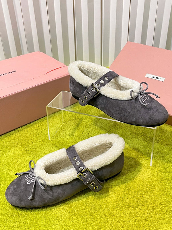Miu Shearling Trim Mary Jane Flats Bow Detail Grey Suede 137206