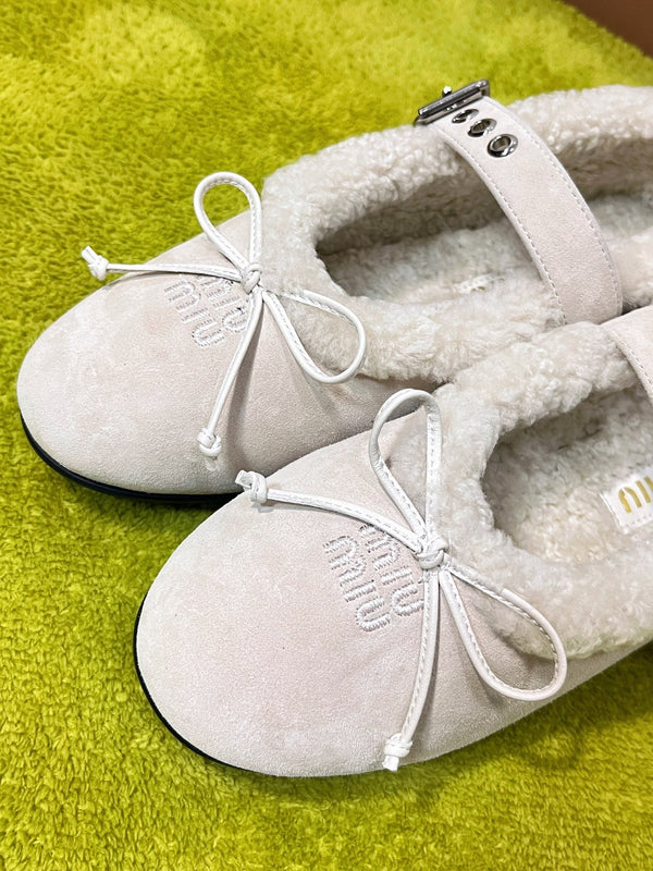 Miu Shearling Trim Mary Jane Flats Bow Detail Cream Suede 137207