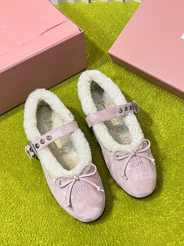 Miu Shearling Trim Mary Jane Flats Bow Detail Pink Suede 137204