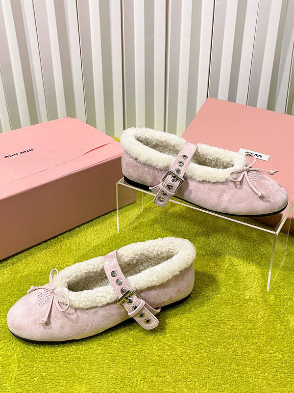 Miu Shearling Trim Mary Jane Flats Bow Detail Pink Suede 137204