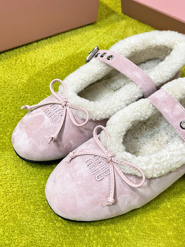 Miu Shearling Trim Mary Jane Flats Bow Detail Pink Suede 137204