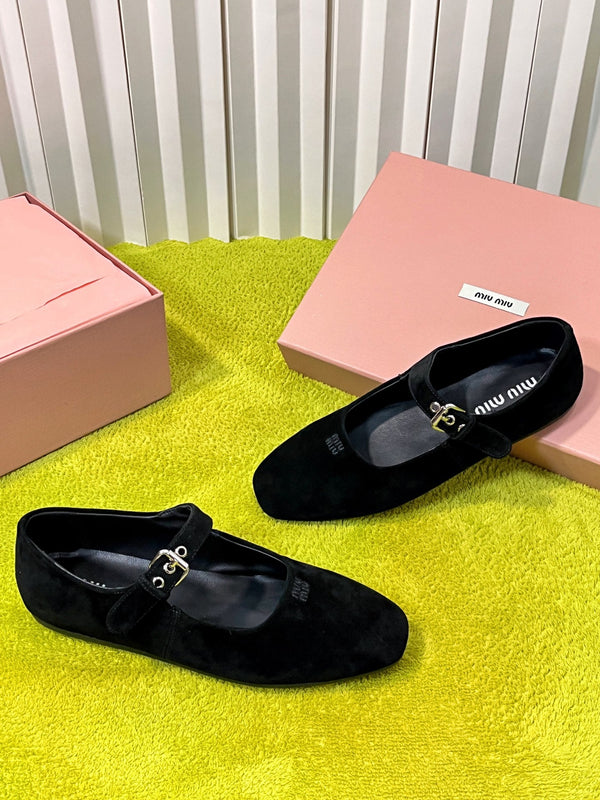 Miu 26S Mary Jane Flats Buckled Strap Logo Black Suede 137203