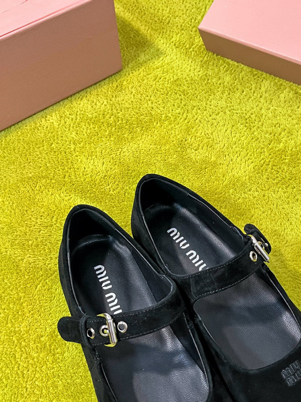 Miu 26S Mary Jane Flats Buckled Strap Logo Black Suede 137203