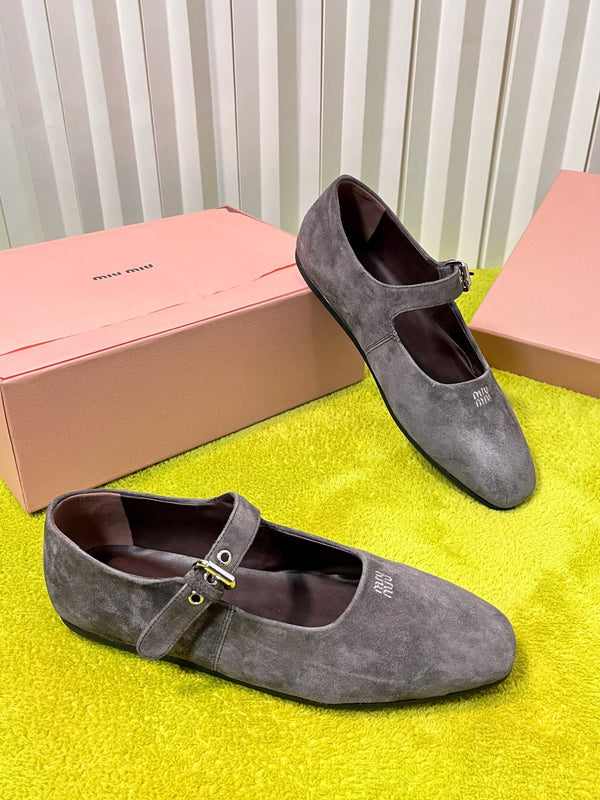 Miu 26S Mary Jane Flats Buckled Strap Logo Grey Suede 137201