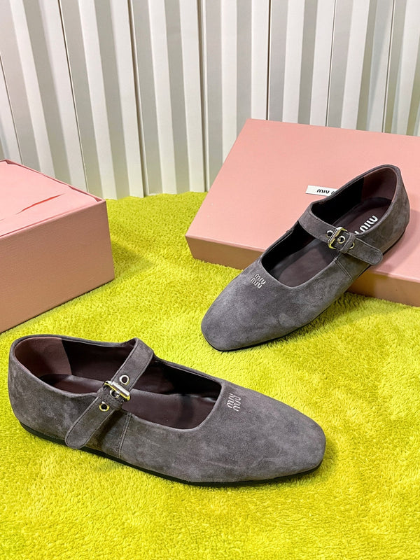 Miu 26S Mary Jane Flats Buckled Strap Logo Grey Suede 137201