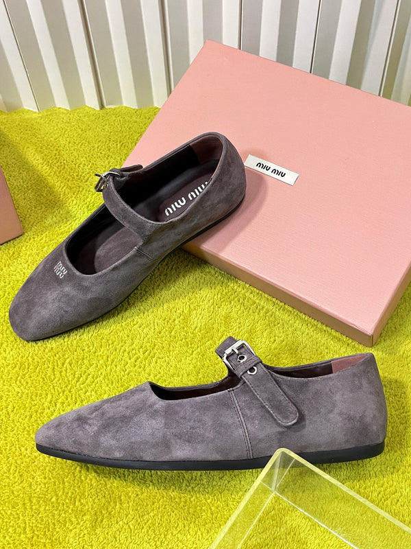 Miu 26S Mary Jane Flats Buckled Strap Logo Grey Suede 137201