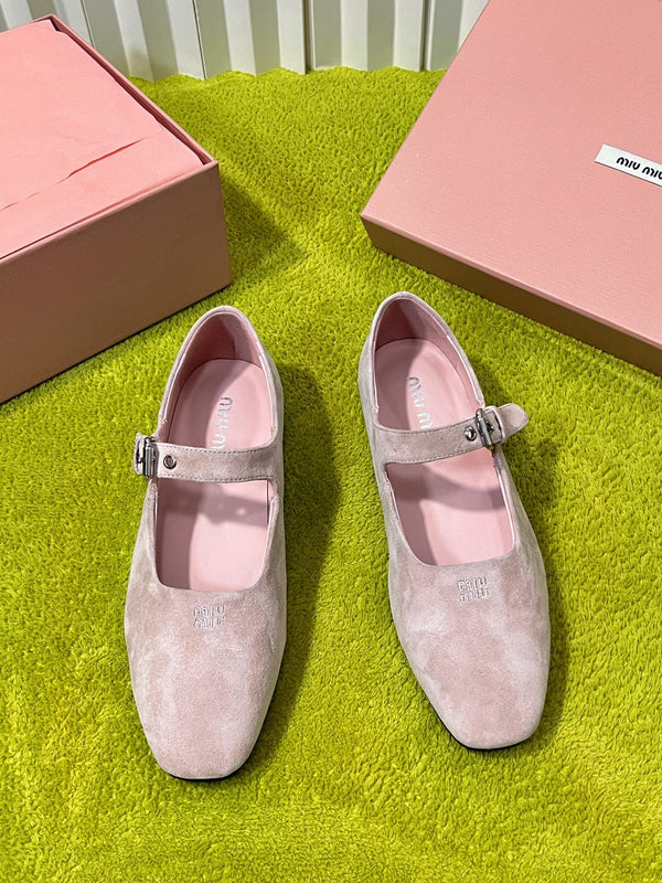 Miu 26S Mary Jane Flats Buckled Strap Logo Pink Suede 137200