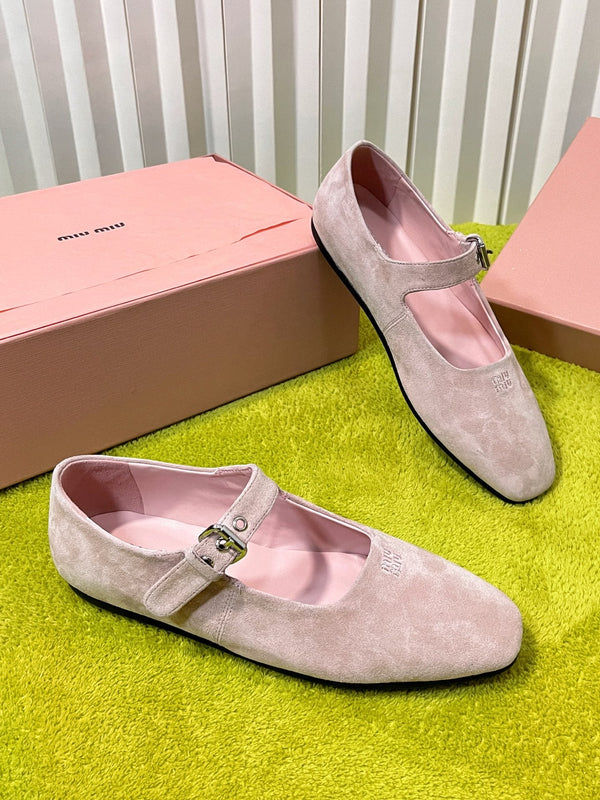 Miu 26S Mary Jane Flats Buckled Strap Logo Pink Suede 137200