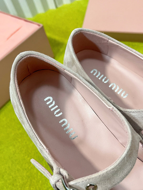 Miu 26S Mary Jane Flats Buckled Strap Logo Pink Suede 137200