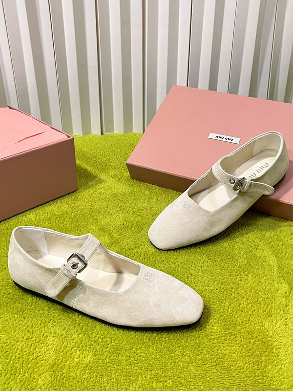 Miu 26S Mary Jane Flats Buckled Strap Logo Cream Suede 137199