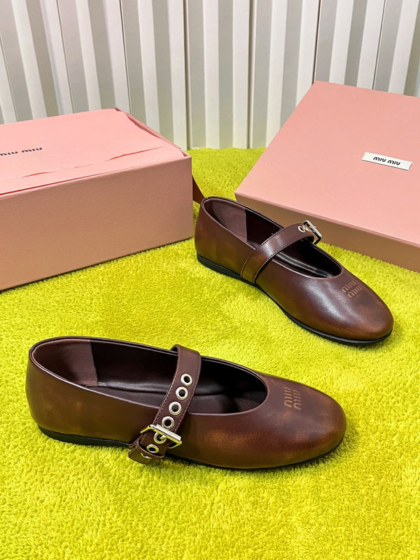 Miu 26S Mary Jane Ballerina Flats Buckle Brown Cowhide 137197