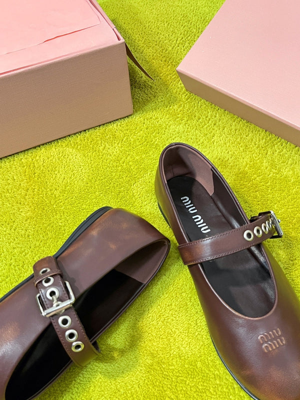 Miu 26S Mary Jane Ballerina Flats Buckle Brown Cowhide 137197