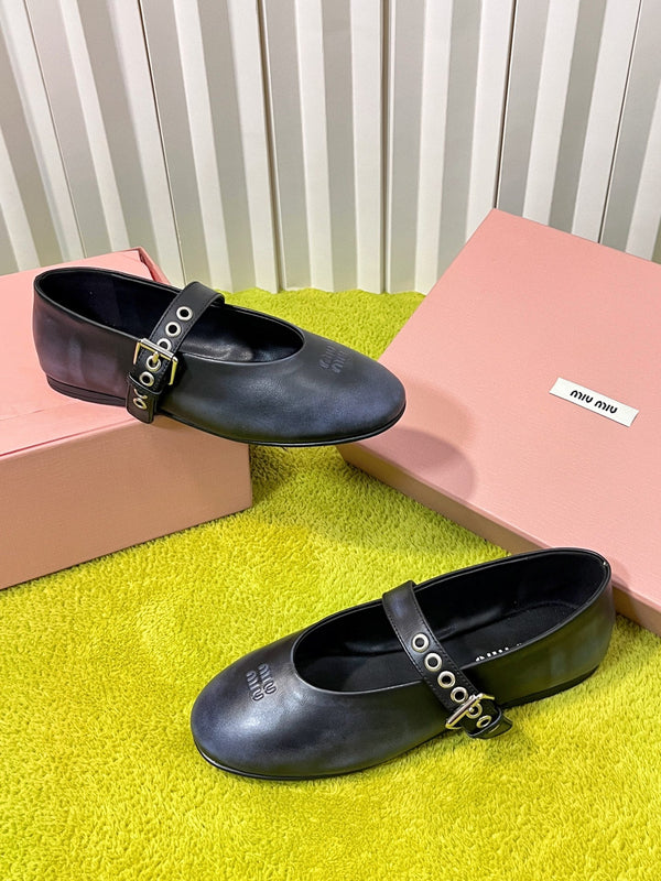 Miu 26S Mary Jane Ballerina Flats Buckle Black Blue Cowhide 137195
