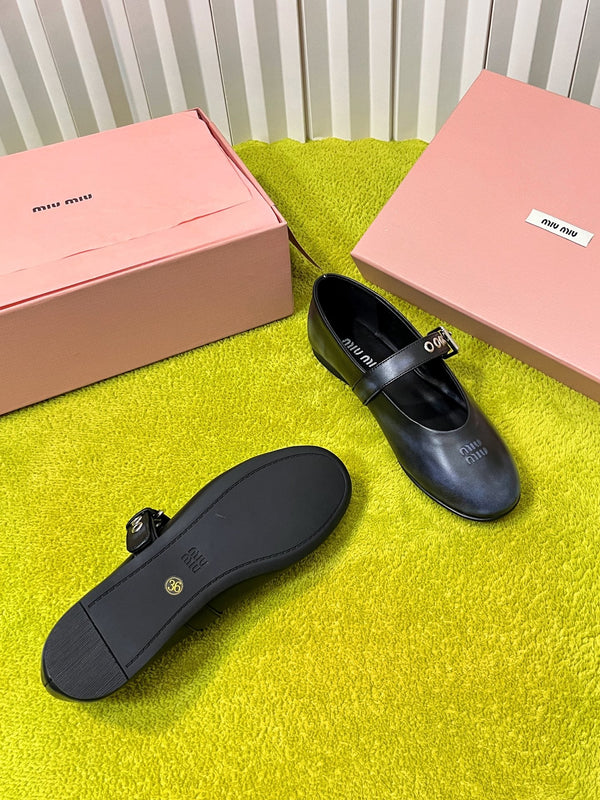 Miu 26S Mary Jane Ballerina Flats Buckle Black Blue Cowhide 137195