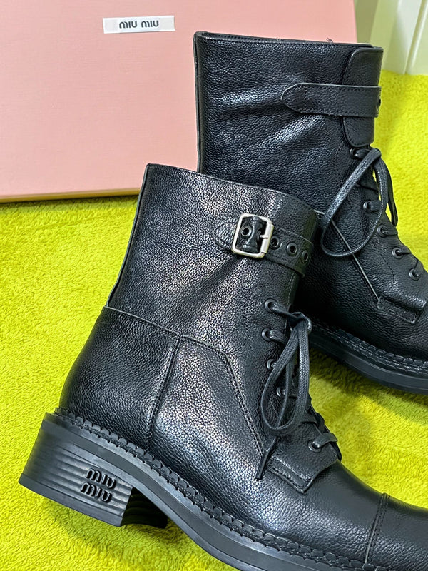 Miu 26S Mid-Calf Lace-Up Boots 4CM Triple Buckle Black Pebbled Leather 137188