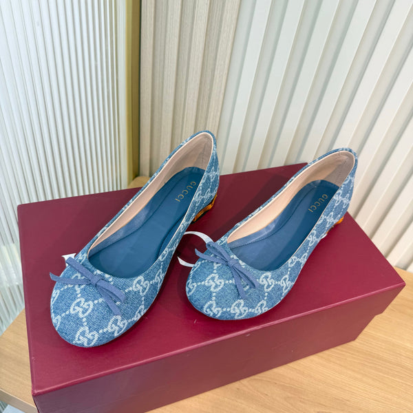 GG 26S Horsebit Ballet Flats Bow Detail Blue GG Canvas 141311