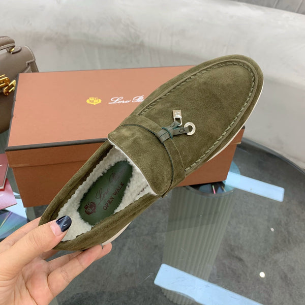 LP 26s Open Walk Loafers 2cm Olive Green Suede Shearling SHW 110783