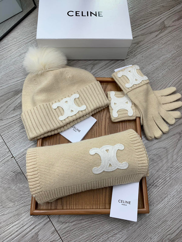 CE Hat Scarf Gloves Set Light Beige Knit Fur 475091