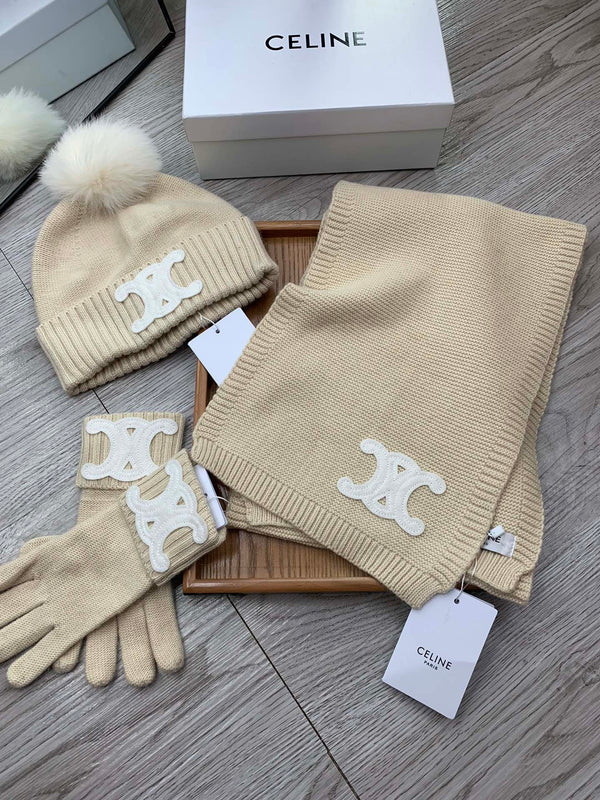 CE Hat Scarf Gloves Set Light Beige Knit Fur 475091